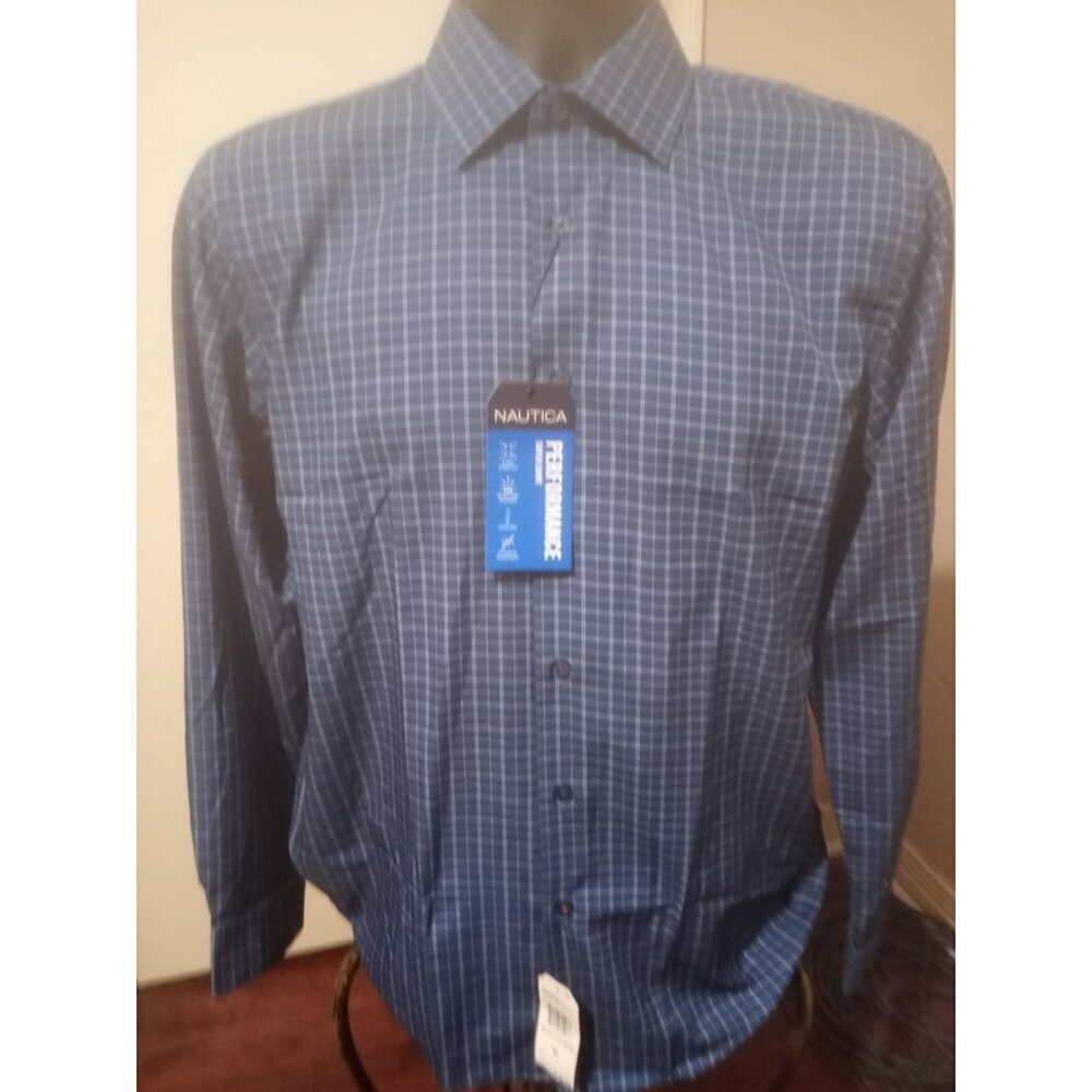 NWT Nautica Performance Super Shirt, Button Up, Slim Fit, Blue Check 15-15.5 (M)